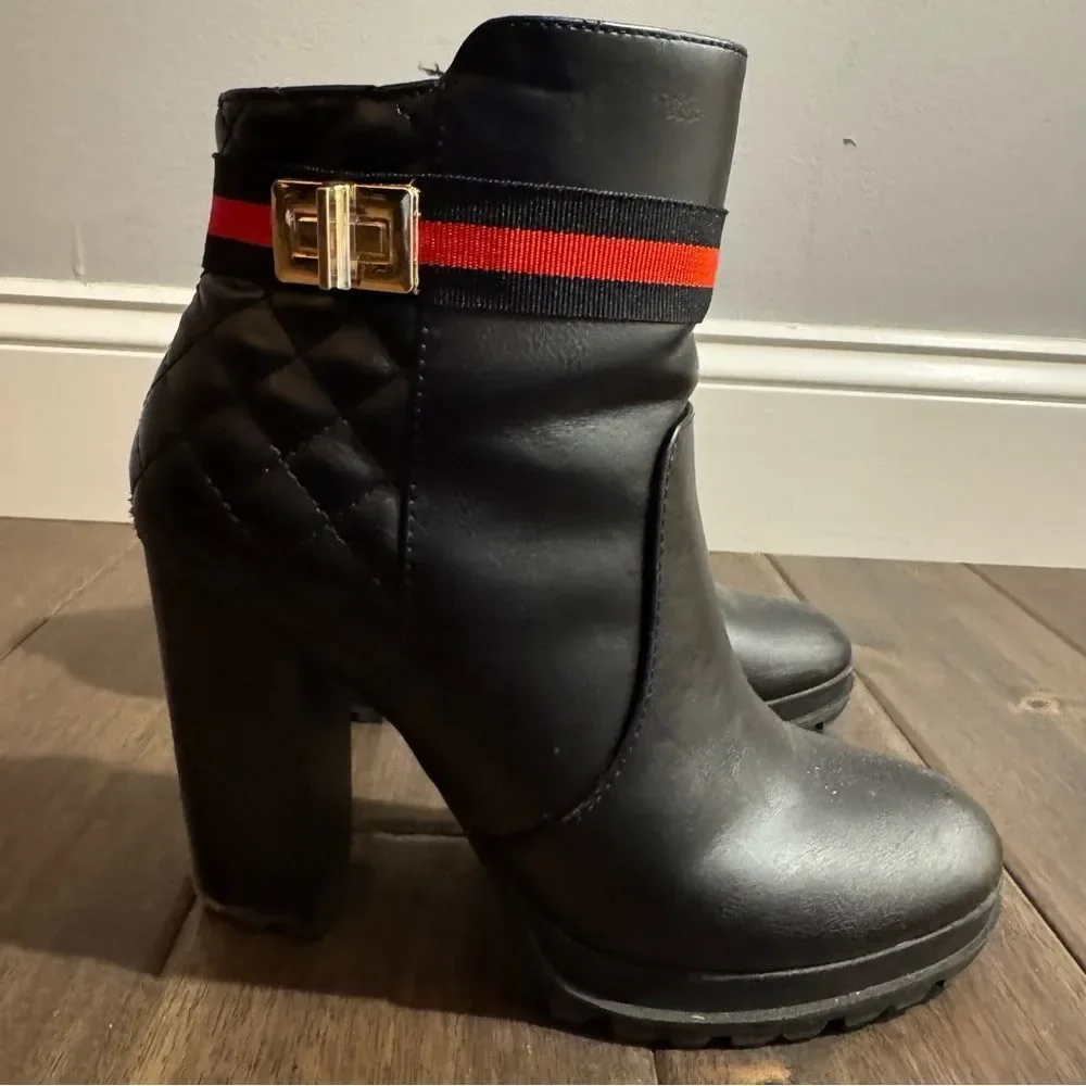 Faux Leather Black Chunky Quilted Platform Zip Up Chic Heeled Booties Boots 8M